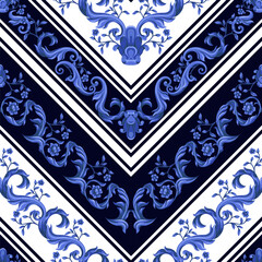 Seamless pattern with blue baroque elements. Vector.