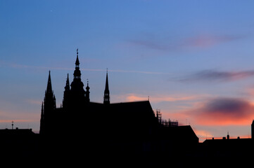Prague castle silhouette at sunset