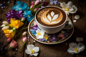 Obraz na płótnie Canvas A Cup Of Cappuccino On A Wooden Table Surrounded By Spring Flowers, Beautiful Cappuccino On A Wooden Table With Spring Flowers, Generative Ai