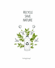 Environmentally friendly planet. Cartoon sketch of biodegradable plastic bottle with green sprouts and leaves. Plastic pollution affecting ecology. Ban plastic pollution.Save nature concept. 