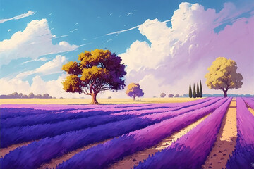 A Stunning Lavender Field With A Purple And Blue Sky, Beautiful Lavender Field, Purple, Blue Sky, Farm, Generative Ai