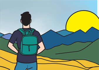A man with a green backpack on his back stands alone in front of a mountain and looks at the endless horizon in front of him.