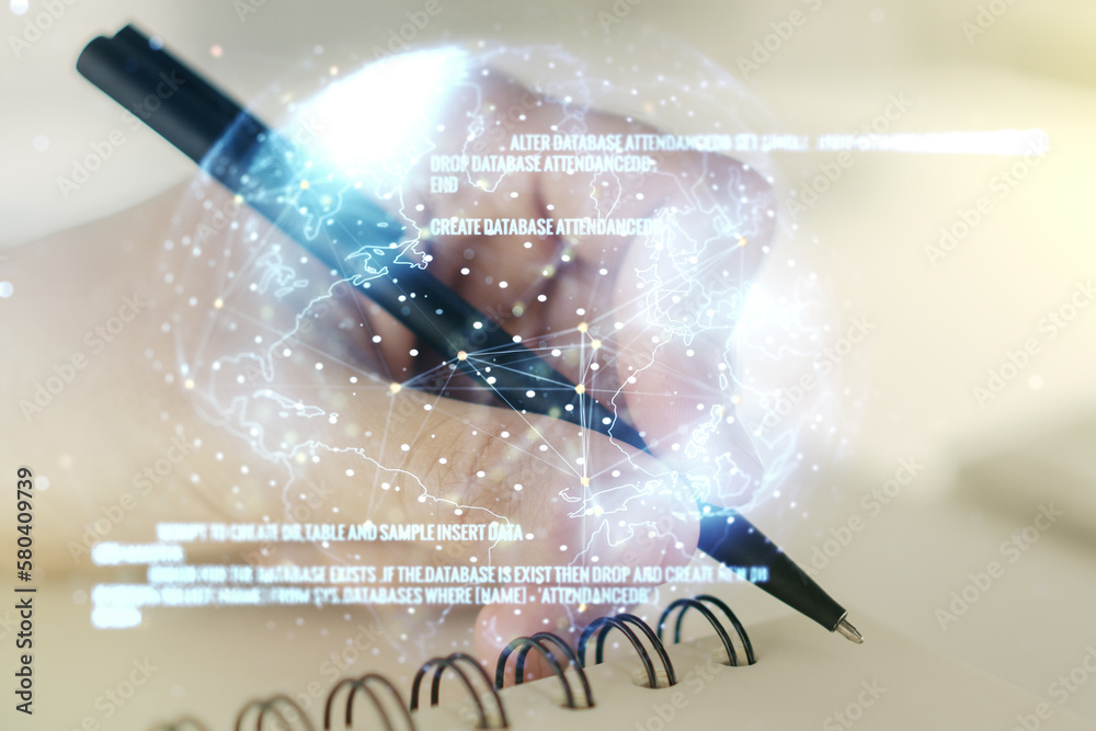 Aufkleber multi exposure of abstract graphic coding sketch with world map and man hand writing in diary on bac