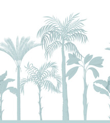 Border with monochrome silhouette palms and tropical trees. Vector.