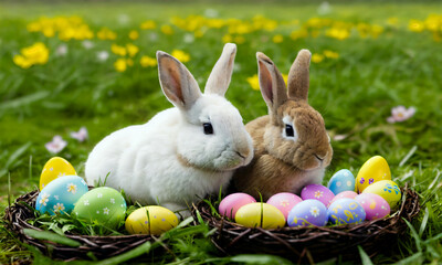 Easter rabbits and colorful painted easter eggs with spring meadow background. Generative AI