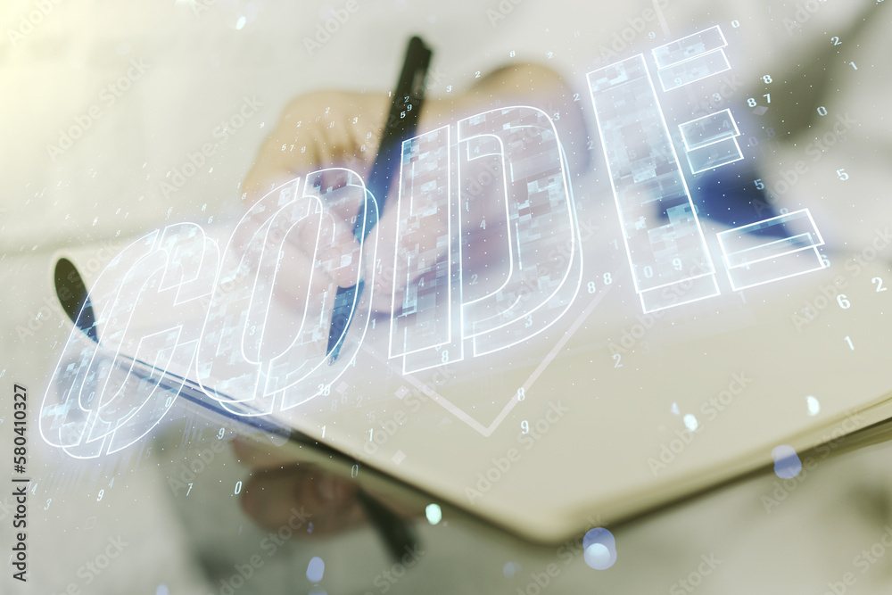 Poster Creative Code word hologram and man hand writing in notepad on background, artificial intelligence and neural networks concept. Multiexposure