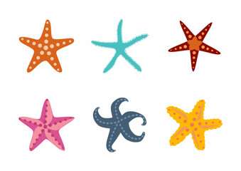 Fototapeta na wymiar Sea stars set. Multicolored starfish on a white background. Starfishes underwater invertebrate animal.