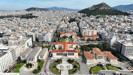 Aerial photo of iconic landmark neoclassic buildings of Academy, University and public Library in...