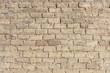Close-up of homogeneous and detailed old adobe brick wall
