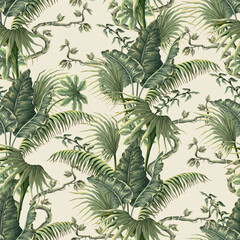 Fototapeta premium Seamless pattern with jungle plants and leaves in victorian style. Vector.