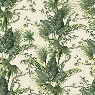 Seamless pattern with jungle plants and leaves in victorian style. Vector.