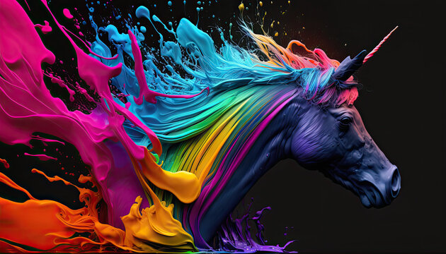 Einhorn in den Farben der Regenbogenflagge der LGBT-Bewegung (Lesbian, Gay, Bisexual and Transgender). (Generative AI)