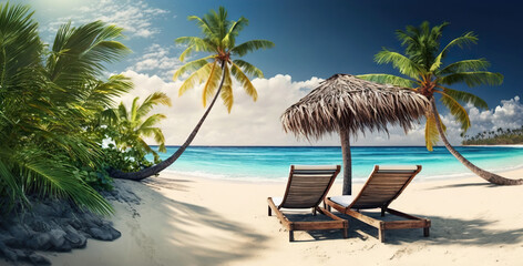 Naklejka na ściany i meble Sunbeds on tropical beach with white sand. Palms and turquoise ocean. Based on Generative AI