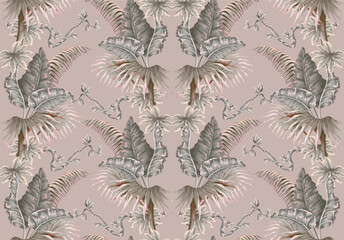 Seamless pattern with jungle plants and leaves in victorian style. Vector.