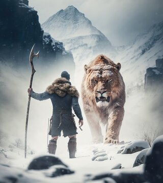 Facing big challenge concept. Challenge ahead concept metaphor. Hunter holding spear encounters sabertooth tiger on snowy mountaintop. Generative AI.
