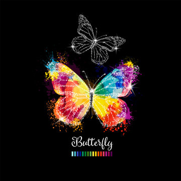 Beautiful colorful butterfly on a black background. Vector illustration