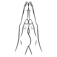 Two raised up human hands with folded palms. Praying or namaste gesture, Black and white linear silhouette, Cartoon style.