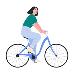 Vector illustration of woman on bike. Female character riding bicycle flat drawing. Concept of sport, bike lover