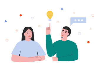 Two people sitting exchanging ideas illustration. Concept of learning. Team meet or discuss for business solution or inspiration. Teamwork creativity. Man and woman brainstorming new lightbulb idea