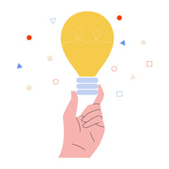 Hand holding lightbulb vector illustration. Conept of idea, creativity, invention, innovation or inspiration. Simple animation. Flat style lamp