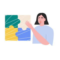 Vector illustration of puzzle. Woman holding a piece of puzzle. Business concept. Female character connecting elements. 