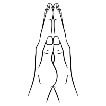 Two raised up human hands with folded palms. Praying or namaste gesture, Black and white linear silhouette, Cartoon style.