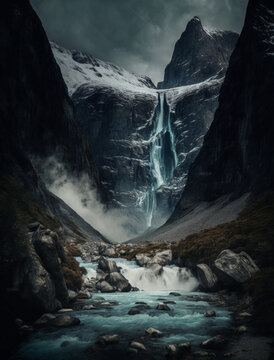 Wasserfall in einem weißen Hochgebirge, Schnee und Felsen