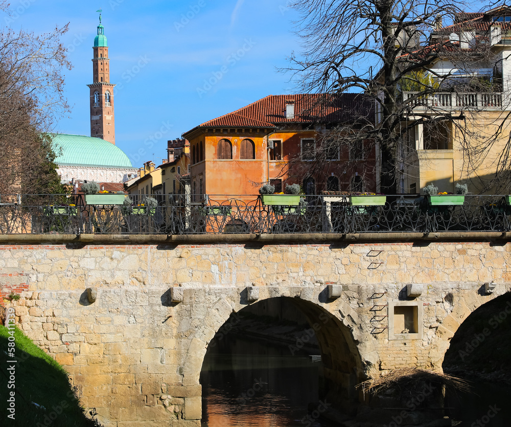 Wall mural Landmark called Basilica Palladina in Vicenza City in Italy and ancient bridge called PONTE FURO