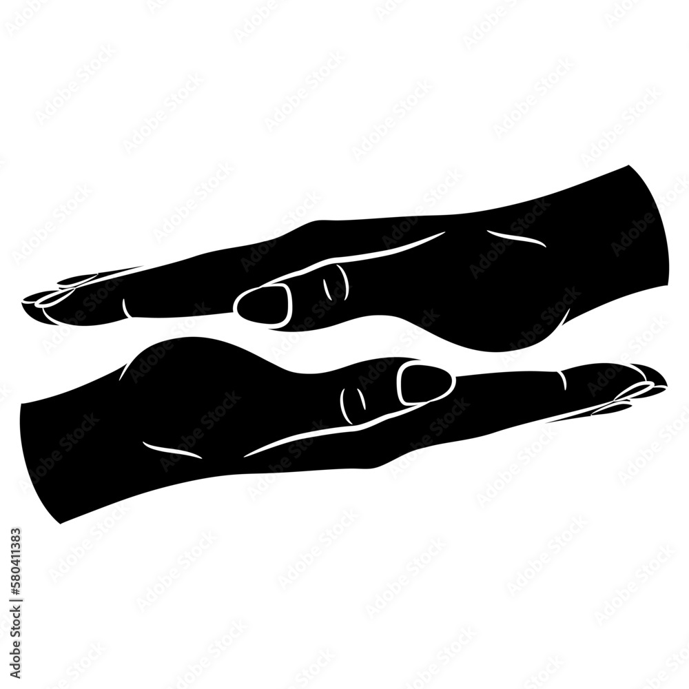 Poster two human hands with flat palms. black and white silhouette.