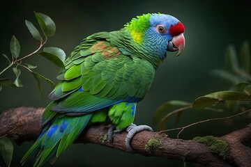 The Blue naped parrot, or Tanygnathus lucionensis, is a colorful bird that comes from the Philippines. A green parrot with a red beak and a light blue crown on the back is sitting on a branch in a dar