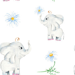 Seamless pattern with cute elephant and camomile flowers. Watercolor hand drawn illustration.