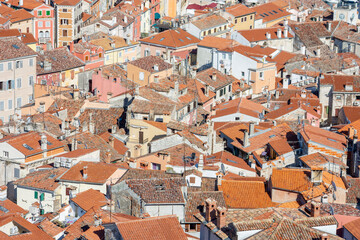Old houses and roofs from above in Rovinj old town, Croatia

