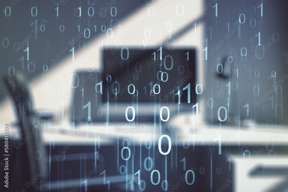 Leinwandbilder creative concept of binary code illustration and modern desktop with computer on background. big dat