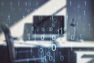 Creative concept of binary code illustration and modern desktop with computer on background. Big data and coding concept. Multiexposure