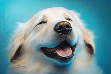 The dog's eyes are closed as it smiles on a blue background. Generative AI