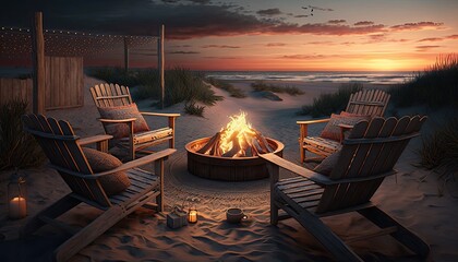 A cozy and inviting outdoor lounge setup with comfortable chairs and a fire pit on a sandy beach at sunset. HD, realistic, warm lighting type. generative ai