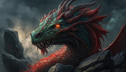 A fiery red dragon with piercing green eyes perched on a rocky ledge, surrounded by billowing smoke and ash. generative ai