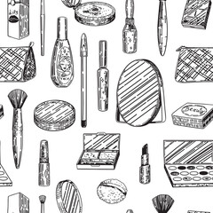 Abstract ornament of makeup kit. Beauty accessories cosmetic sketches seamless pattern. Hand drawn vector illustrations in retro style.