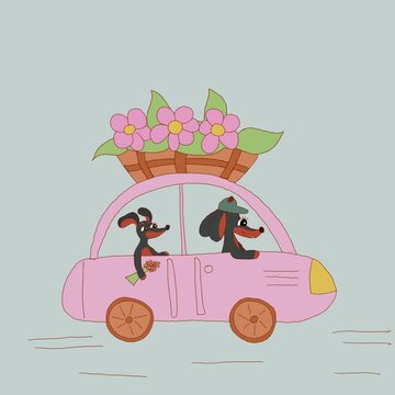 Two dachshunds dog ride in a pink car with flowers to congratulate their mother or girlfriend on a holiday or birthday. Stop motion, 2d animation, Cartoon Animation