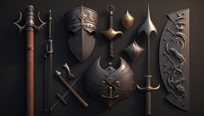 A set of classic medieval weapons, including swords, axes, and maces. The mood is gritty and realistic. generative ai