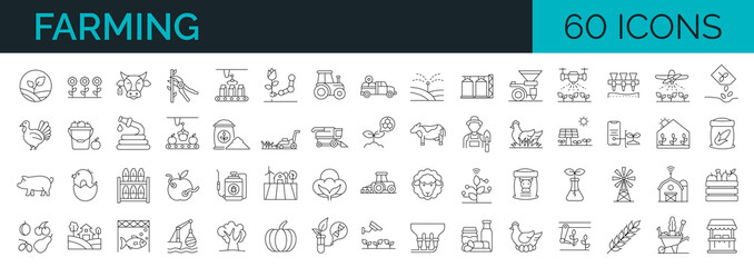 Set of 60 line icons related to farm, farming, gardening, agriculture, smart farm, farm animals, seeding. Outline symbols collection. Editable stroke. Vector illustration