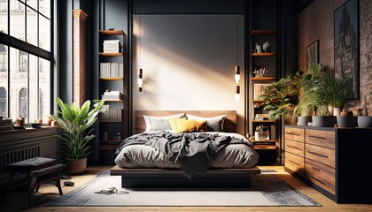 A stylish and modern bedroom setup in the heart of a bustling city, featuring a platform bed, statement lighting, and plenty of storage. HD, natural lighting. generative ai
