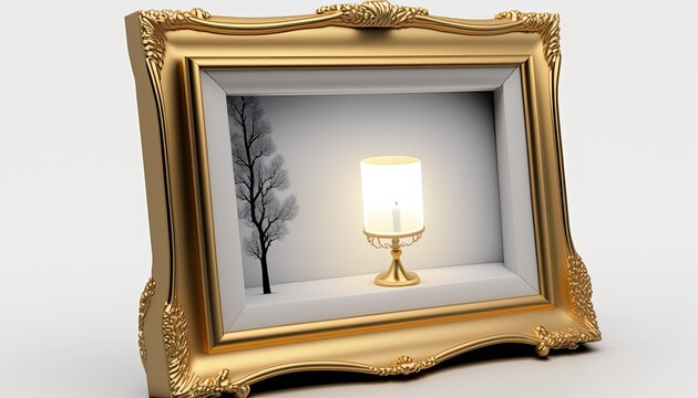 A white and gold digital picture frame on a white background. The scene is warm and welcoming, with soft yellow lighting casting a nostalgic atmosphere. generative ai