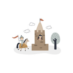 vector illustration of princess, castle and knight - 580412507