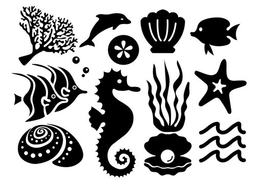 Vector collection sea life. black silhouette of exotic animals in the ocean. dolphin, fishes, shells, underwater wildlife