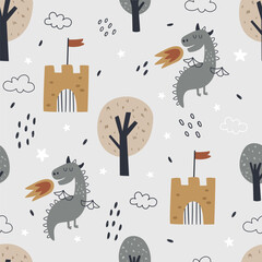vector seamless boho pattern with cute dragons
