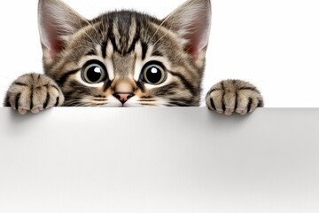 The head of a kitten with its paws up is peeking over a blank white sign. Kitten peeking out from behind a white background. A tabby kitten showing a sign template. Long website banner with room for w