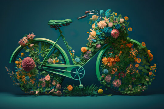 Retro bicycle with flowers against green background. Florist or spring bloom banner. Generative Ai.