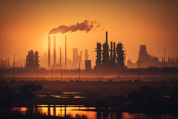Fototapeta na wymiar The image captures the vast expanse of an industrial area during sunset, with thick smoke from factories and power plants polluting the air.