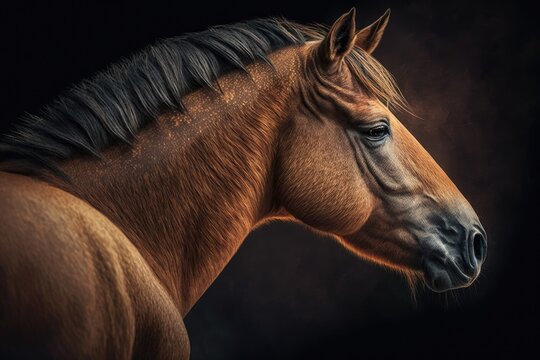 Przewalski's horse. Picture of brown horses. Animal face in profile. Generative AI